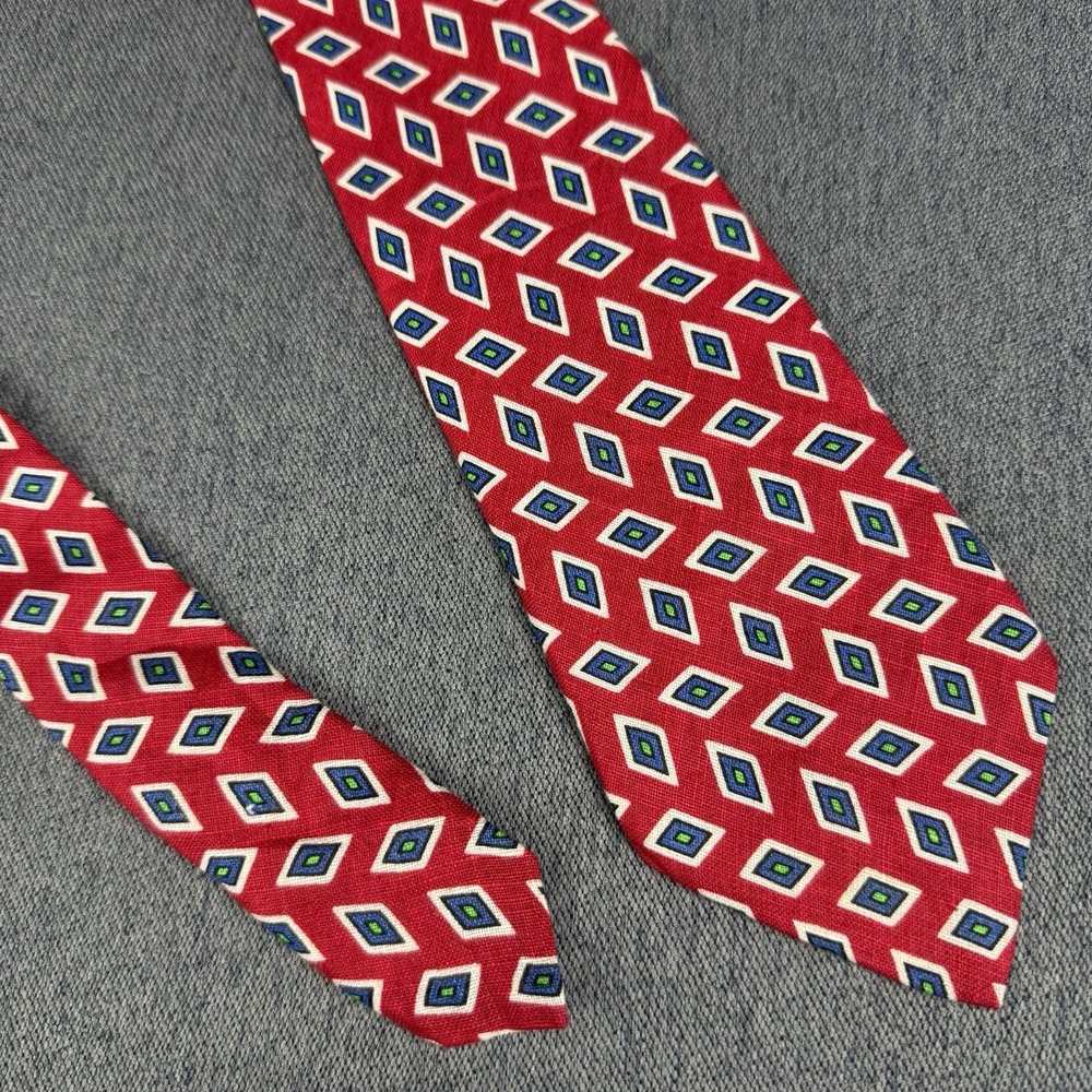 Vintage Polo Ralph Lauren Hand Made Italy 100% Linen Red Blue Geometric Tie 59"